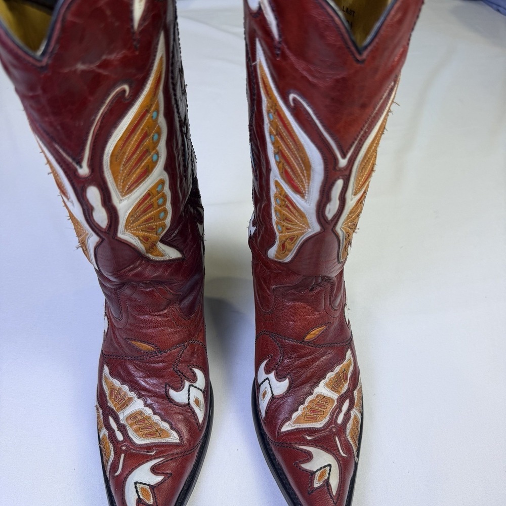 Corral Butterfly Inlay Red Leather Cowboy Boot Country Festival Boho‎ Sz 7.5 - Picture 5 of 12